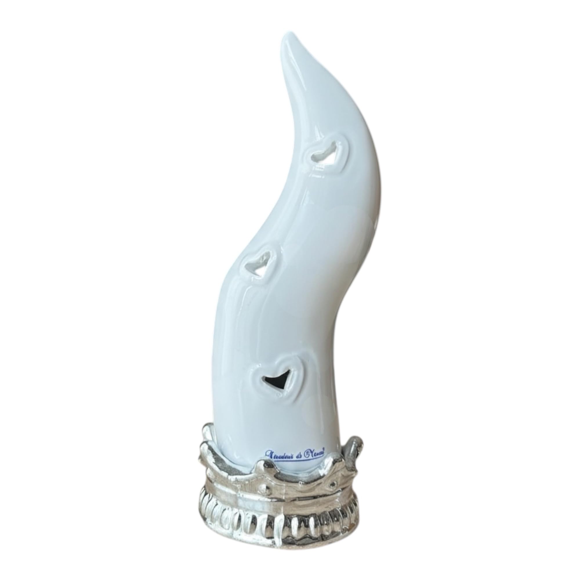 GMM Corno Decorativo in Ceramica, Bianco e Argento, 18 cm, con Cuori in Rilievo (Bianco_Argento)