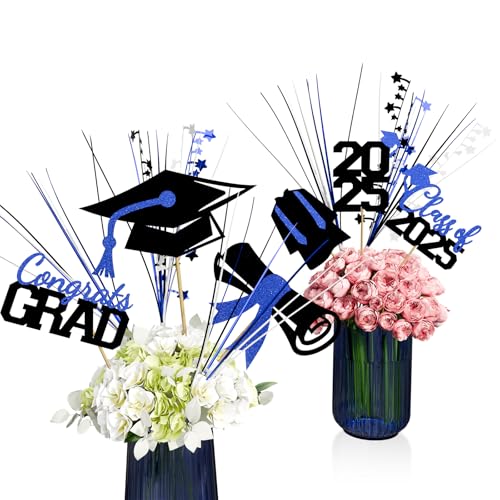 Graduation Decorations Class of 2025 23pcs Black and Blue Grad Glitter Centerpiece Sticks Table Toppers Decor with Metallic Foil Spray Star Grass for 2025 College High School Congrats Grad Supplies
