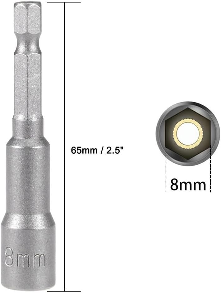 Fixinus Quick-Change Nut Driver Bits 8mm, 1/4" Hex Shank Magnetic Socket Metric Impact Drill Bit, 65mm Length, 5 Pieces