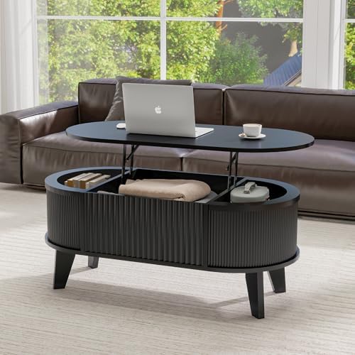 LYNCOHOME Fluted Lift Top Coffee Table with Storage,Modern Oval C...