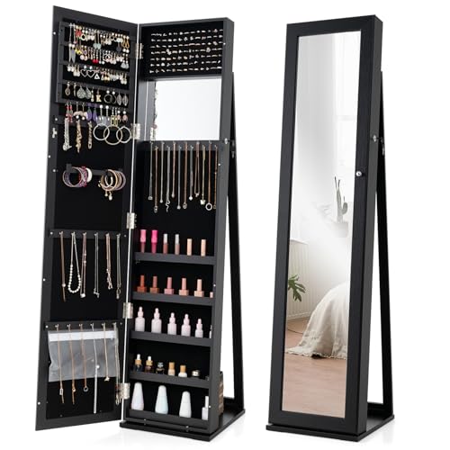 GOPLUS Espejo Joyero de Pie 2 en 1 con Cerradura, Armario para Joyas Giratorio con Ranuras para Anillos, Ganchos para Cadena, Espacios para Pendiente, Organizador de Joyería 157,5x38x38cm (Negro)