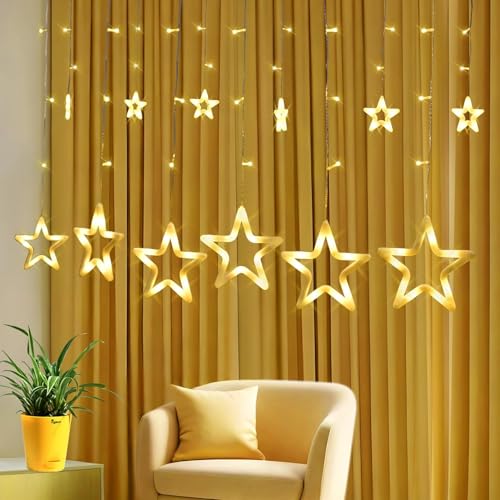 Image of LED Lights for Diwali Decoration with 17 Ft Long 220V Electric Flameless Design for Puja Room, Mandir, Rangoli, Balcony, Door, and Home Festival Lighting (Warm White, 6 + 6 Classic Star Light, 14)