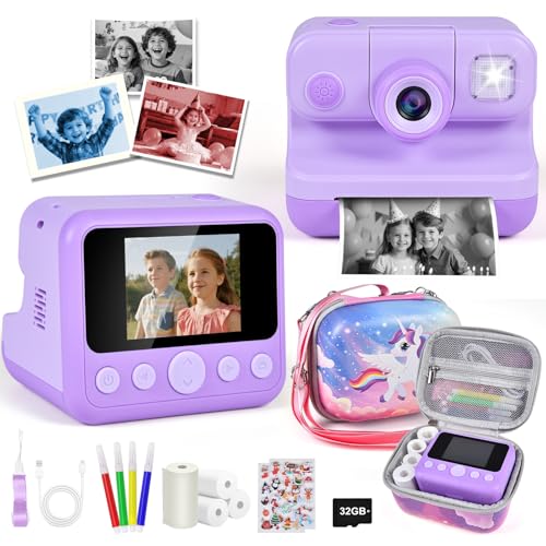 Elecoutek Kids Instant Print Camera, 30MP 1080P HD Digital Camera for Boys Girls with Color Pens & 32GB Card, Christmas Birthday Gifts Kids Toys for 3-12 Years Old (Purple)