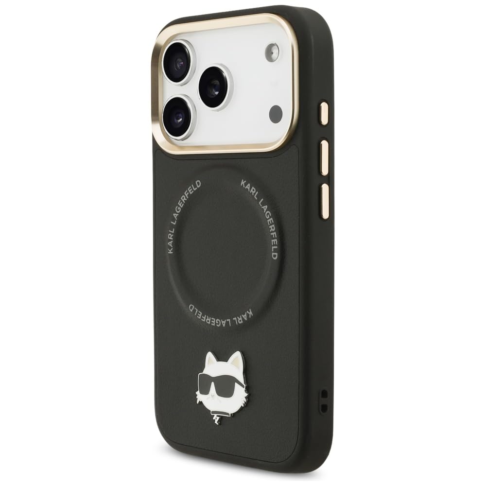CG MOBILE Karl Lagerfeld duży pasek Choupette metalowe logo kompatybilne z MagSafe etui do iPhone 17 Pro Max (czarne)