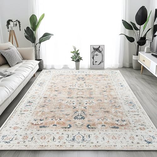 TOPICK Alfombra Rosa para salón, Vintage, diseño de Flores, Alfombra Persa, de Pelo Corto, Cocina, Dormitorio, salón, habitación Infantil, niña, Floral, Base Antideslizante, Plegable, 90 x 150 cm