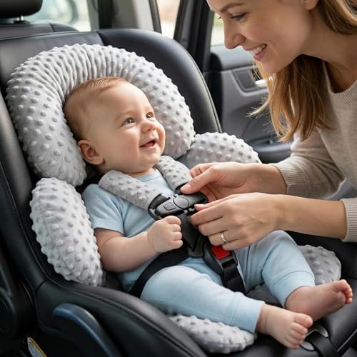 Image of Pro Goleem Infant Car Seat Head Neck Body Support, Ultra-Soft Minky and Microfiber Newborn Car Seat Strap Pads, Perfect for CarSeat, Stroller, 2-in-1 Reversible, for Boys and Girls, Gray