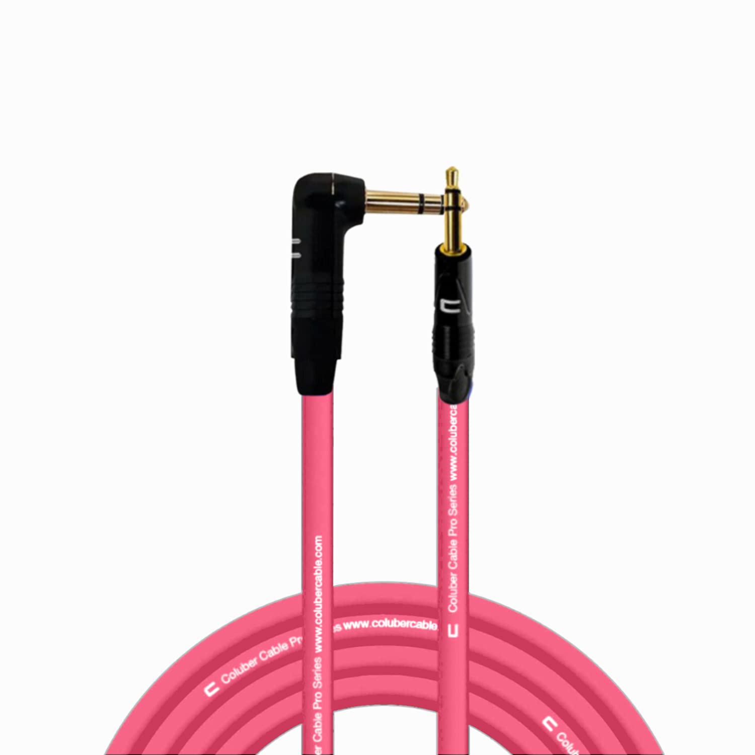 COLUBER CABLE Right Angle 1/4" TRS to 3.5 TRS Male - 30 Feet - Pink - Pro 3-Pin Microphone Connector for Powered Speakers, Audio Interface or Mixer for Live Performance & Recording