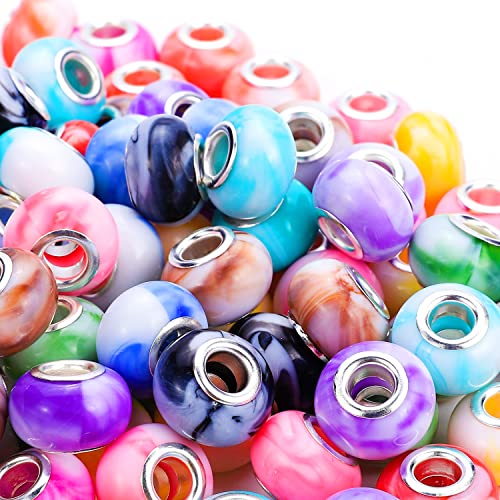 Victlov 100 Pieces 14mm European Large Hole Spacer Beads Mix Color with Silver Brass Cores Assortments Charm Lampwork Beads Supplies for Necklace Bracelets Jewelry Making (Ｎew Ｍarble)
