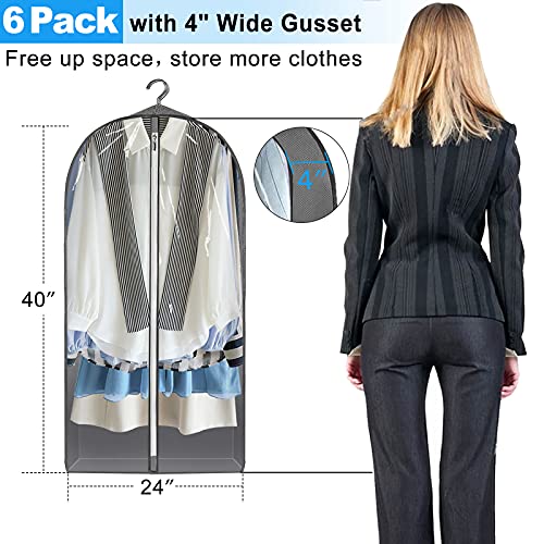 OWNALL Garment Bags for Closet Storage Hanging Clothes 6 Pack, 40” Storage Bags for Clothes Suit Bags with 4” Gusseted for Clothes Storage Breathable Clothing Storage for Coats Sweaters Shirts Dress