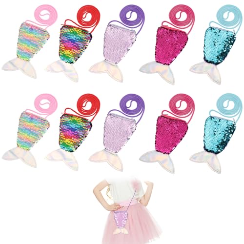 AMFUN 10 Stücke Meerjungfrau Tasche Kinder, Pailletten Geldbörse, Mini Kinder Portemonnaie Mädchen, Mini Crossbody Taschen für Geburtstage, Feiertagsfeiern, Kindergeburtstag Geschenk