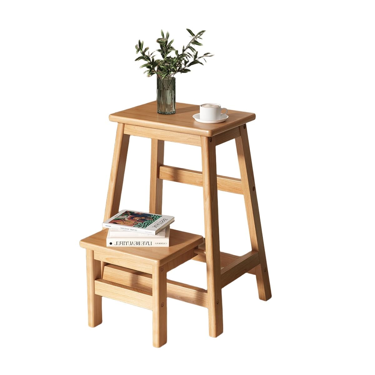 Vepnby Taburete Alto, Taburetes Altos de Cocina Plegables, Taburete Cocina de Doble Capa, Escalera de Dos Escalones, Taburetes Alto para Dormitorio, Sala, Comedor y Bar(Original Wood)