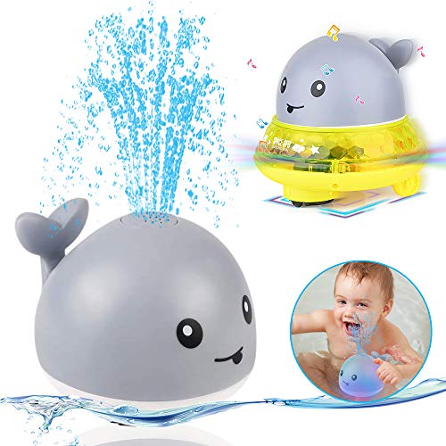 Upworld Bath Toys,Water Spray Toys 2 in 1 Automatic Electric Induction Whale Sprinkler Baby Bath Fun Toys,Bathtime Ball Toys with Flashing Light and Music for Infant Kids Toddlers Boys Girls(Grey)