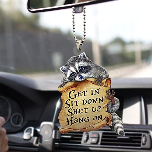 Raccoon Get in Sit Down Shut Up Hang On Raccoon Lover Car Hanging Decorative Ornament Car Pendant Interior Rear View Mirror Charm Accessories Homemade Window Decor Wall Sets Decoration