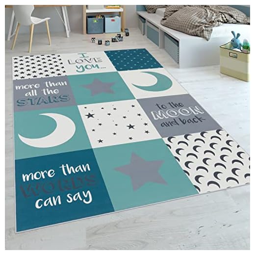 Paco Home Alfombra Habitación Infantil Niño Lavable Corazón Estrellas Luna Frase Azul Gris, tamaño:80x150 cm