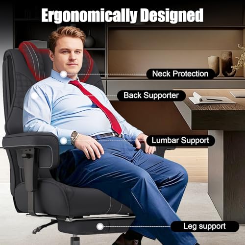 400lbs Big and Tall Office Chair, Wide Ergonomic Leather Executive Chair for Heavy People with Foot Rest, High-Back Reclining Computer Chair with Swivel Wheels and Lumbar Support (Black) by Box DesignLab - Image 7