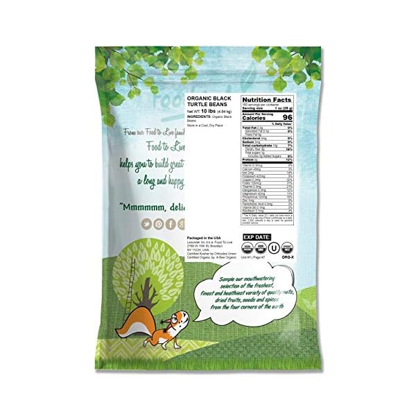 Organic-Black-Turtle-Beans-10-Pounds-Dried-Non-GMO-Kosher-Raw-Sproutable-Vegan-Bulk Organic Black Turtle Beans, 10 Pounds – Non-GMO, Whole Dried Beans, Sproutable, Vegan, Kosher, Bulk. Great Source of Plant Based Protein, Fiber. Great for Bean Soup, Salads, Chili.