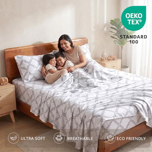Image of LANE LINEN 100% Organic Cotton Bedsheet for Double Queen - Trellis Silver | GOTS Certified, Percale Weave, 90x100 inches, Soft & Breathable, Machine Washable, Includes 2 Pillow Covers