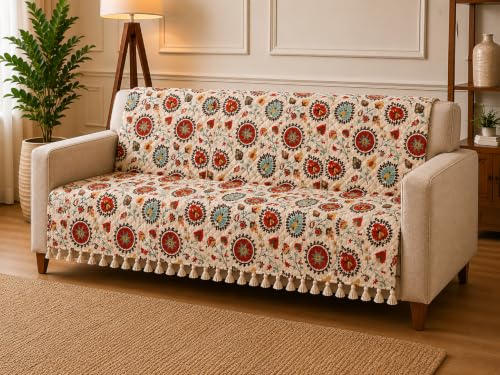 Image of Velvet Quilted Sofa Cover for 2 Seater (48 x 60 Inches) | Red Floral | Anti-Slip Soft Washable Sofa Seat Cover | Furniture Protector with Tassels