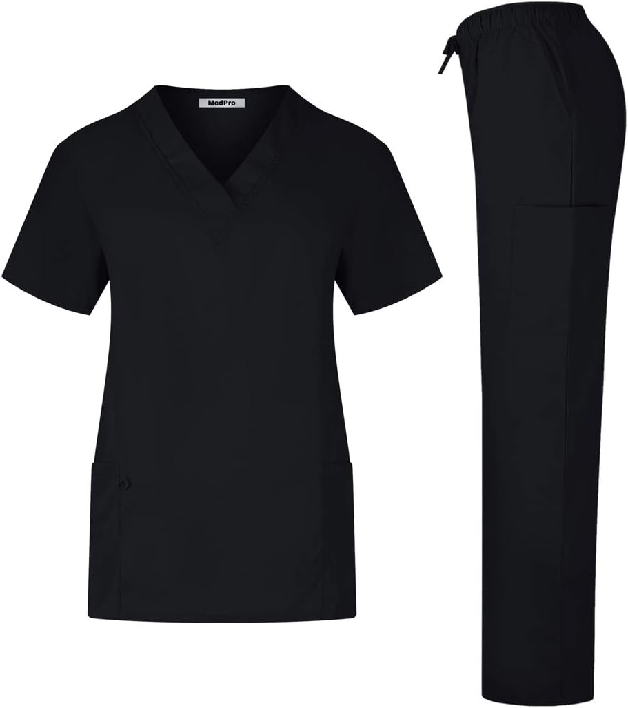 MedPro Women's Solid Medical Scrub Set V-Neck Top and Cargo Pants Black XL