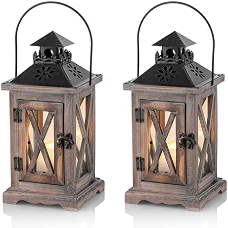 Sziqiqi Farmhouse Lanterns Home Decor Decorative Wood Lantern for Wedding Centerpieces Vintage Brown Candle Lantern for Patio Fireplace Mantel Table Decoration
