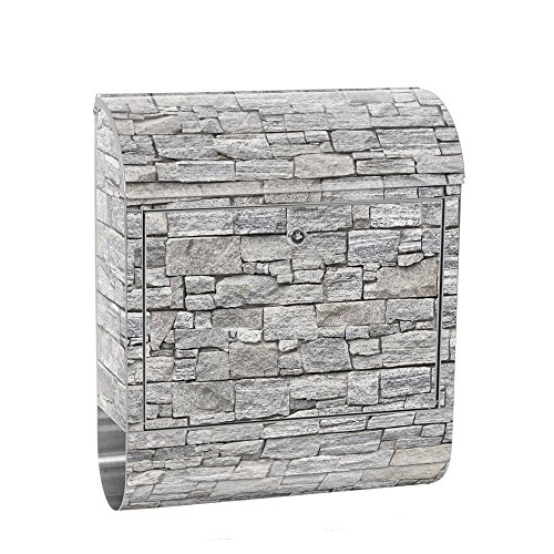 Buzón de liwwing de acero inoxidable con diseño y compartimento para el periódico, con compartimento para periódicos, diseño XXL, buzón de pared con aspecto de piedra, piedra, muro de piedra, n.º 0171