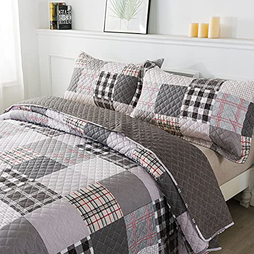 Travan Quilt Set 3-Piece Oversized Quilted Bedspread Coverlet Set Grey European British Grid Patchwork Bedding Set, Queen Size #TOP1