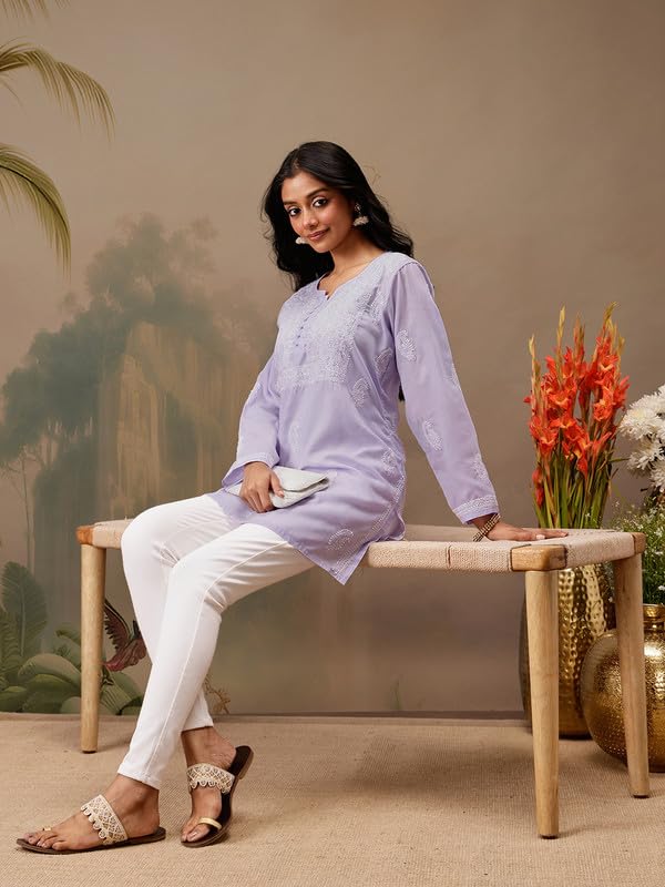 Image of Ada Hand Embroidered Lucknowi Chikankari Cotton Top for Women A911459