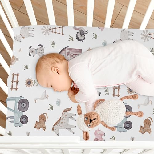 Image of Watercolor Farm Animals Tractor Fitted Crib Sheets Stretchy Portable Playard Sheets for Baby Toddler, Breathable Soft Mini Crib Mattress 52 x 28 in for Boys and Girls