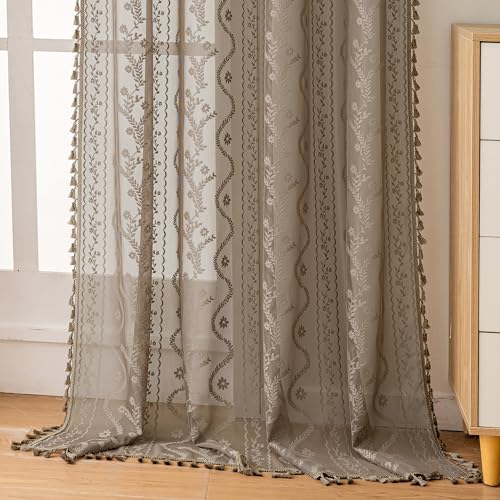 WAZZIO Boho Sheer Curtains 2 Panels,Victorian Lace Drapes,Taupe,W52 x L63 | Light Filtering Privacy,2 in 1 Rod Pocket,Vintage French Country,with Tassel,Floral Pattern,For Bedroom Dining Living