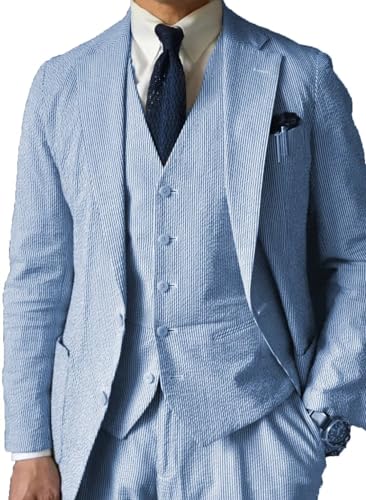 Seersucker Suits for Men 3 Piece Set Slim Fit Casual Beach Wedding Summer Groomsmen Seersucker Blazer Vest Pants