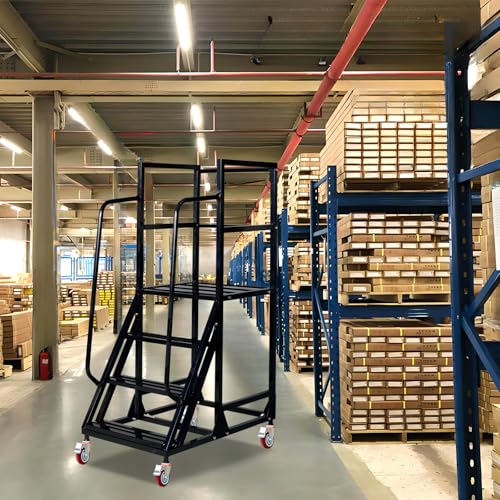 Image of 4 Step Rolling Ladder with Handrails, 1100 lbs Capacity Heavy Duty Mobile Warehouse Ladder with Wheels, Industrial Steel Non-Slip Rolling Stairs with Large Platform, for Garage Stockroom Library