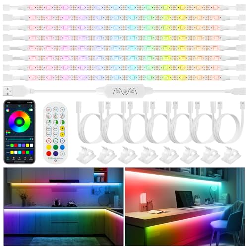 4M LED Strip,8X50CM Dimmbar Dreamolour Unterschrank Beleuchtung mit RF Fernbedienung & APP Steuerung,USB Musik Sync Farbwechsel LED Lichtband,Flexibel Selbstklebend DIY Streifen für Vitrine,Regal