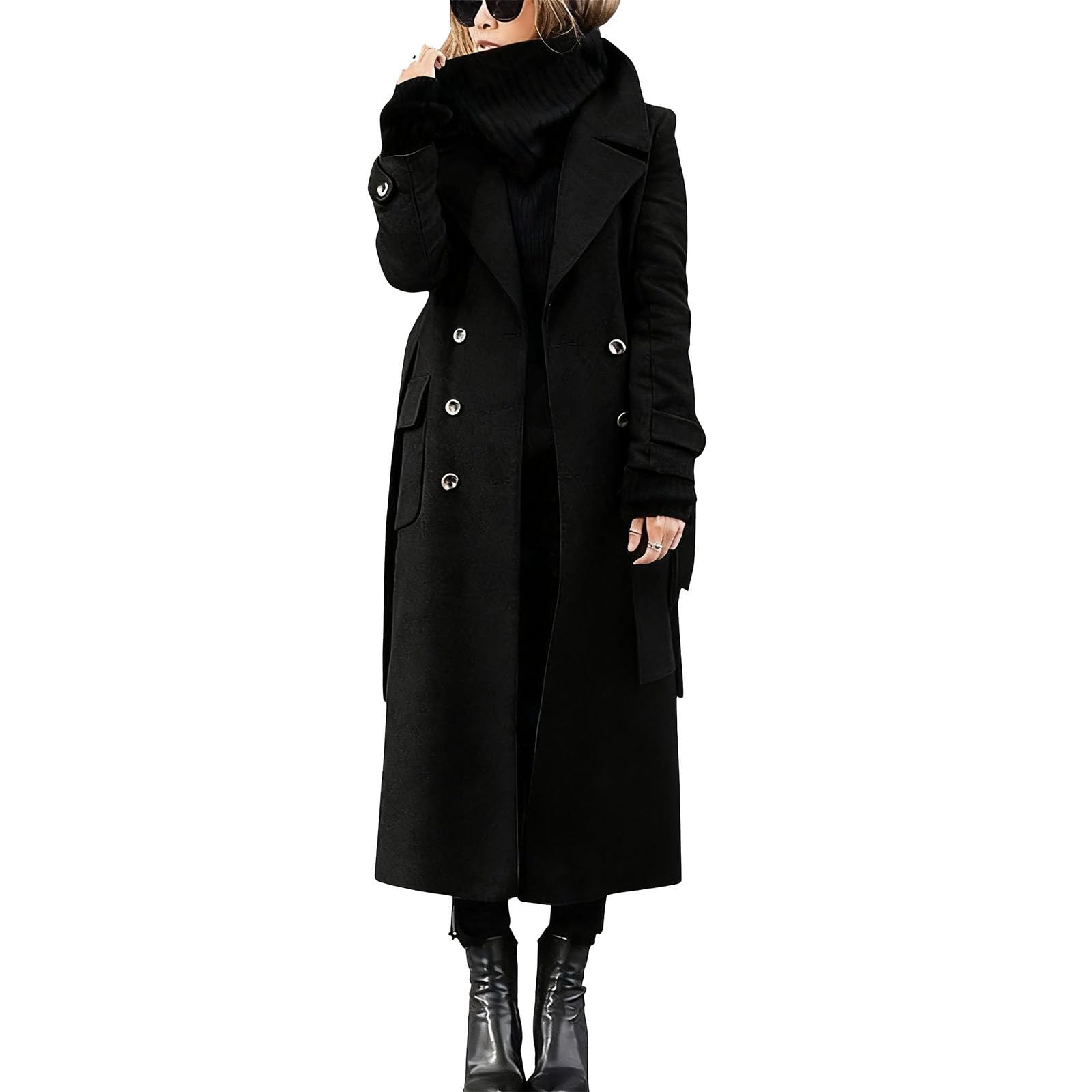Long Wool Coats for Women Lapel Collar Double Breasted Peacoat Casual Overcoat Elegant Wool Blend Trench Coats