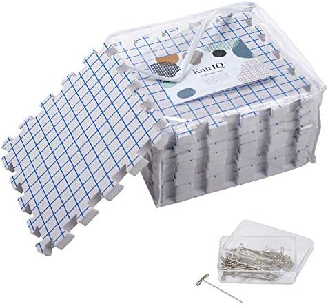 KnitIQ Blocking Mats for Knitting - Extra Thick Blocking Boards with Grids, 100 T-pins and Storage Bag for Needlework or Crochet - Pack of 9 | Set for Knitting