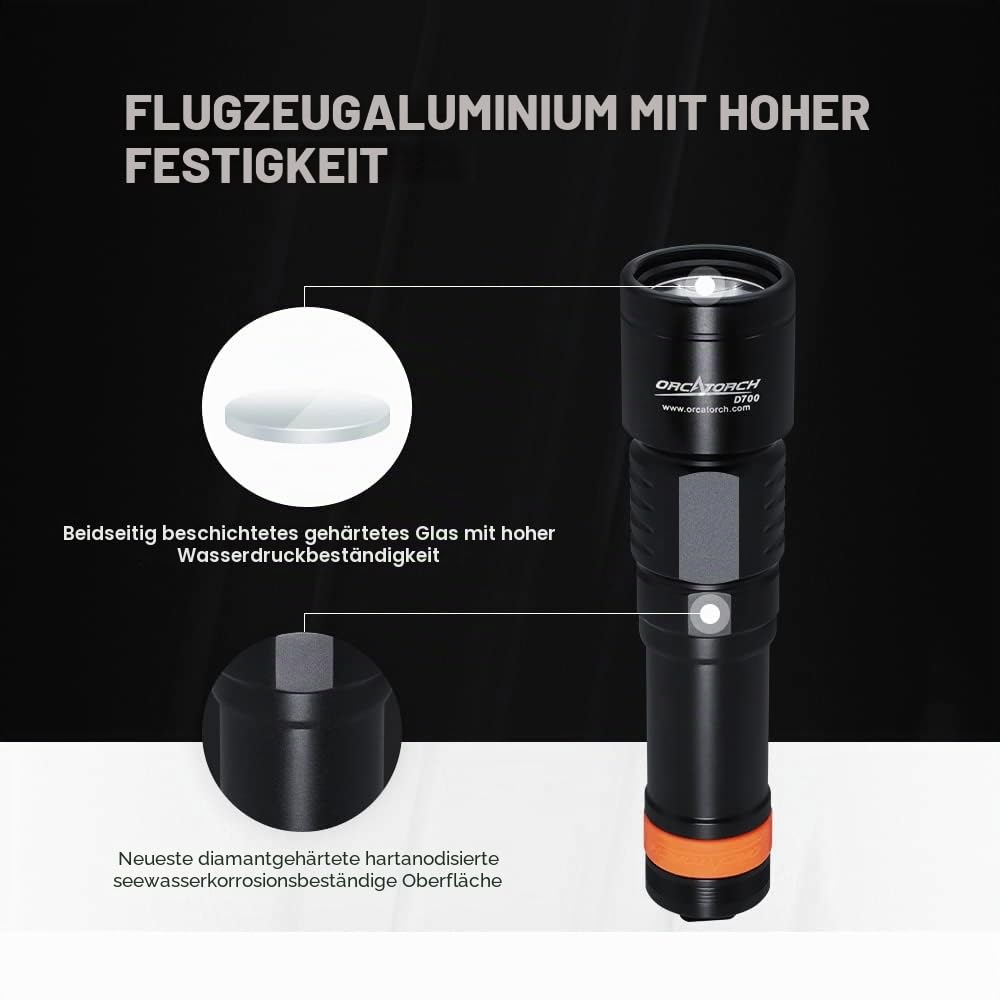 ORCATORCH D700 Tauchlicht 1700 Lumen Tauchlampe 150.0 m Tiefe Unterwasser Tauchen Taschenlampe