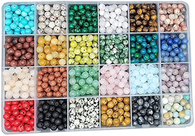 1200pcs 6mm Natural Synthetic Round Gemstone Jewelry Stone Beads Loose Stone Hole Size 1mm DIY Smooth Beads For Bracelet Necklace Earrings Jewelry Making Box Pack (24 Materials-6mm)