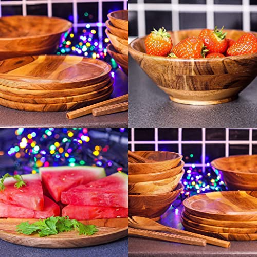 Wooden Plates and Bowls Set Service for 4 (23pcs) - Wooden Salad Bowl Set and Round Acacia Serving Plates Dish. Wooden Dinnerware Set for All Occasions and Wooden Utensils for Eating. - Image 7