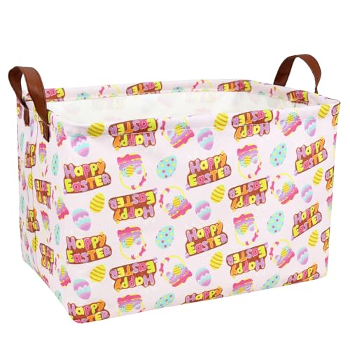 Image of Large Empty Easter Basket for Kid Baby Rectangular Cute Easter Gift Bunny Eggs Decor Storage Basket (Pink Happy Egg)