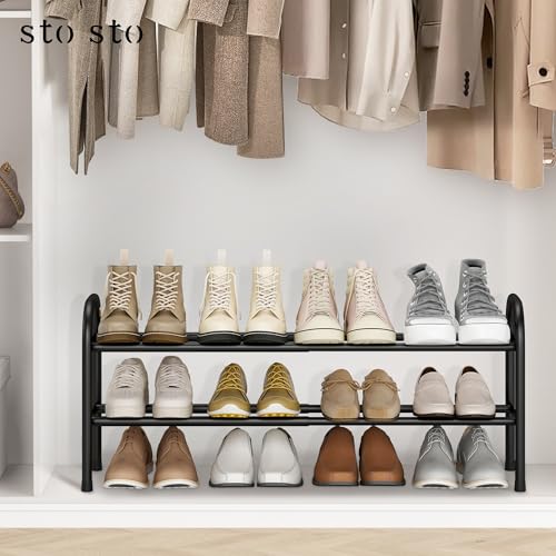 Image of STO STO Expandable Shoe Rack, 2-Tier Metal Small Shoe Rack for Closet, Up to 12 Pairs Adjustable Shoe Rack Storage for Front Door Entrance, Free Standing Shoe Rack Organizer for Entryway, Black