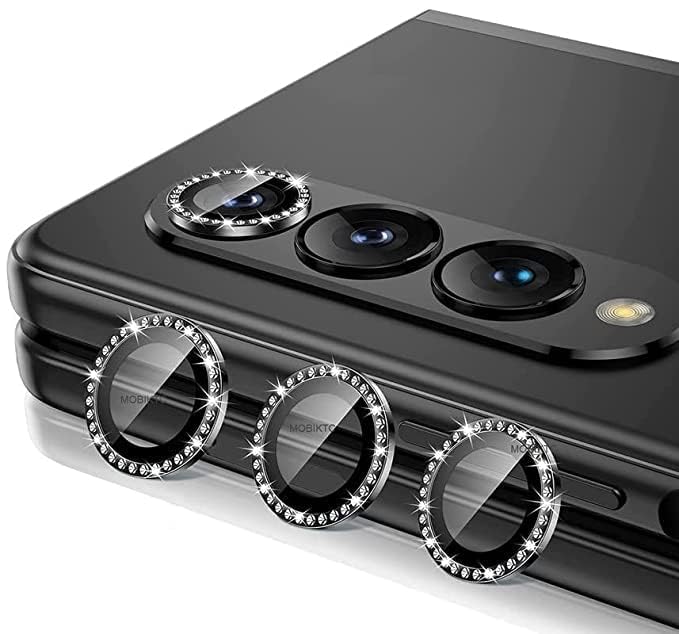 MOBIKTC Tempered Glass Camera Lens Protector for Samsung Galaxy Z Fold 4|Z Fold 5 5G/Alloy Metal Ring Guard (3Pack/Black Diamond)