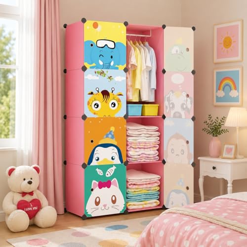 Image of 8 Door Kids Cartoon Wardrobe Storage Cabinet - DIY Modular Clothes Organizer with Hanging Cartoon Design Wardrobe with Multi for Bedroom, Living Room,Entryway