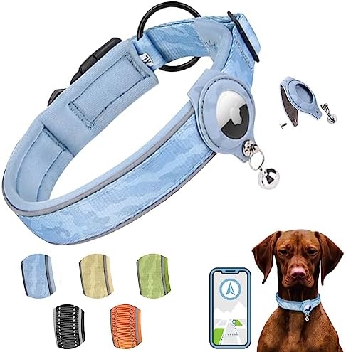 Arojore Reflective AirTag Dog Collar, Heavy Duty Padded Puppy Collar with AirTag Holder, Adjustable Air Tag Pet Collar for Small Medium Large Dogs, Blue, L