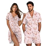 Liuqpwys Cute Piggy Heart Matching Pajamas Set for Couples Casual Fashion Couple Loungewear Set for Casual Wear Relaxed Fit Mens Shirts Set with Pockets Women’s Nightshirt