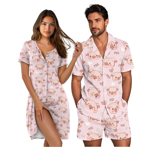 Liuqpwys Cute Piggy Heart Matching Pajamas Set for Couples Casual Fashion Couple Loungewear Set for Casual Wear Relaxed Fit Mens Shirts Set with Pockets Women’s Nightshirt