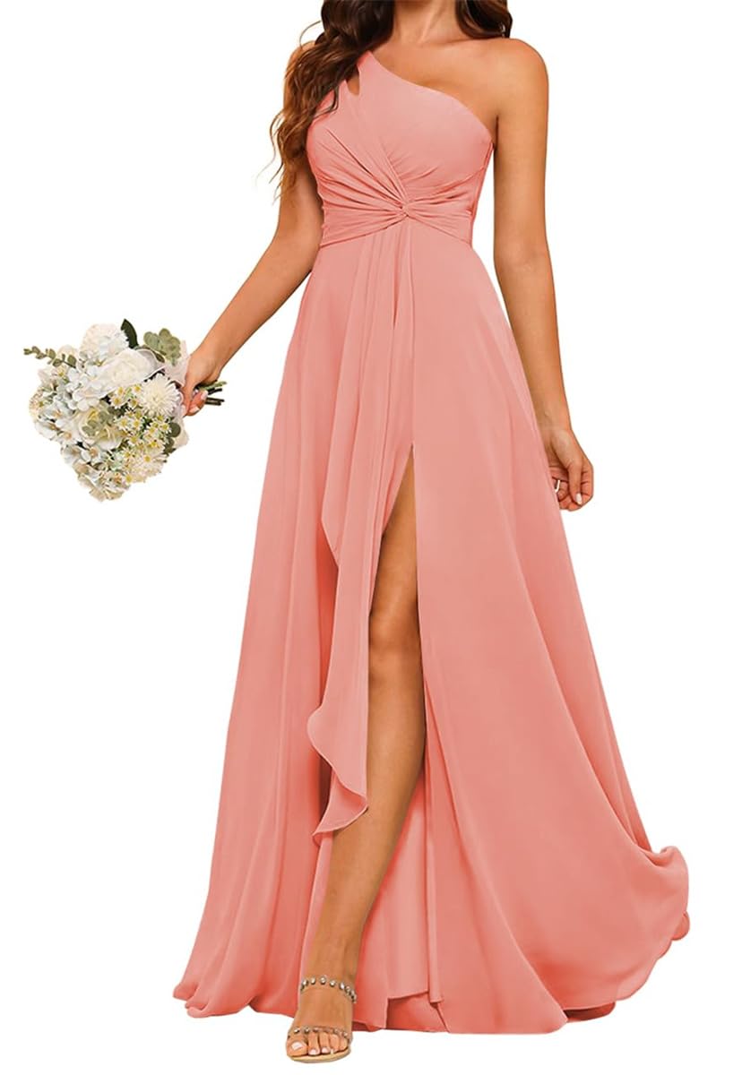 YIANN Chiffon One Shoulder Bridesmaid Dresses with Pleated Long A Line Coral Prom Dress for Women UK06