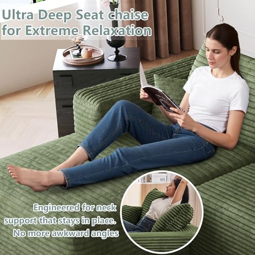 Image of 95 inch Modular Sectional Sofa, Modern Corduroy Cloud Couch with Side Pockets, Boneless Couch Upholstered 3-Seater L-Shaped Sofa for Living Room, No Assembly Required (Green,Left-Facing Chaise)