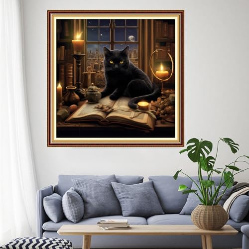 Image of Funchey Stamped Cross Stitch Kits, DIY Cross Stitch Pattern for Adults Beginners Needlepoint Kits Embroidery Kit Arts and Crafts 11CT-Black Cat Book 18x18 inch