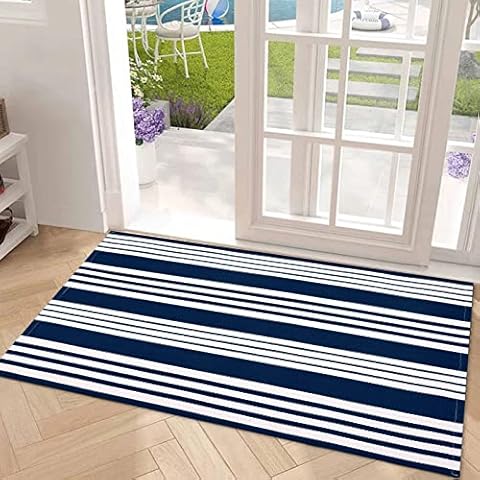 OJIA Fußmatten für den Außenbereich, 70x109 cm, Blau und Weiß, Outdoor-Teppich, Baumwolle, handgewebt, Haustürteppich, gestreift, Teppich für Veranda/Bauernhaus/Küche/Eingangsbereich Cover