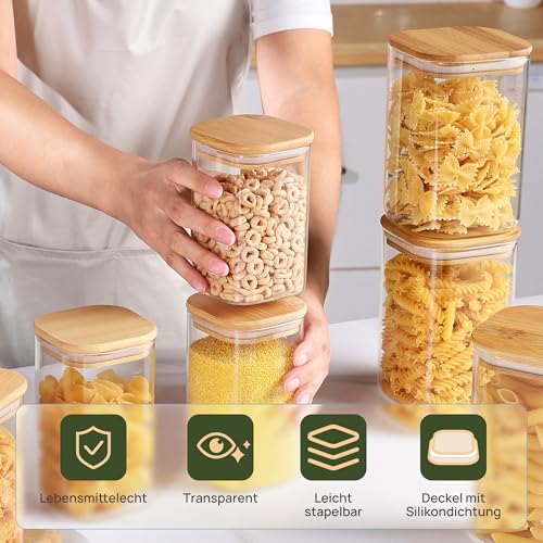 Vtopmart 12er Set Vorratsgläser Mit Deckel, 2 Größen : 1200ml x 6, 600ml x 6, Vorratsdosen Glas Mit Deckel, Vorratsgläser Mit Holzdeckel zur Spaghetti Aufbewahrung 3
