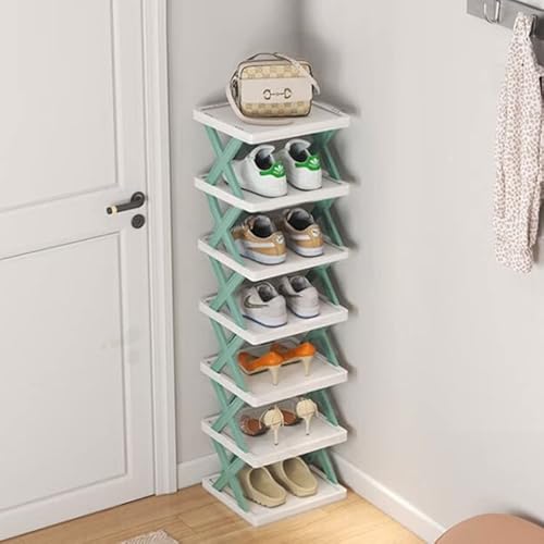 Vertical Shoes Rack,7 Tier Free Standing Shoe Rack,Skinny Shoe Rack Suit For Entryway,Corner,Small Spaces,Closet,Hallway,Storage Cabinet For Saving Space,Shoe Tower Tall And Stable,White And Green #TOP5